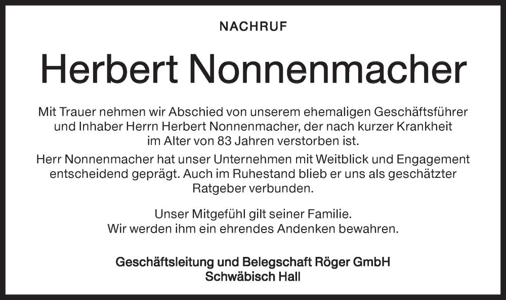  Traueranzeige für Herbert Nonnenmacher vom 27.11.2024 aus Haller Tagblatt