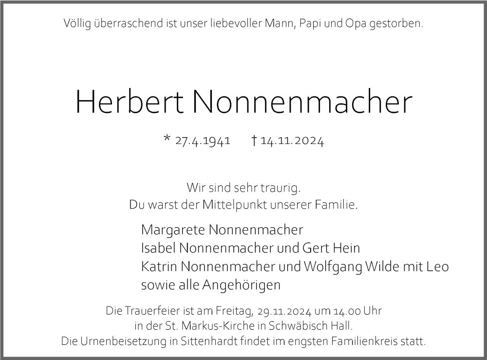  Traueranzeige für Herbert Nonnenmacher vom 23.11.2024 aus Haller Tagblatt