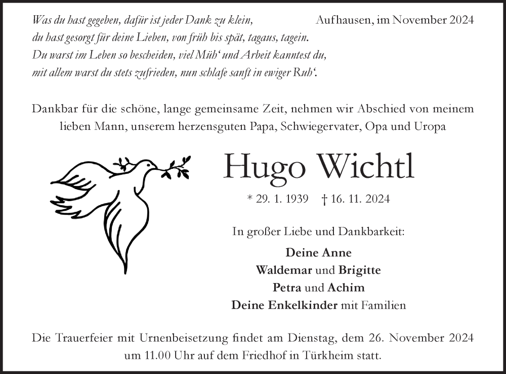  Traueranzeige für Hugo Wichtl vom 21.11.2024 aus Geislinger Zeitung