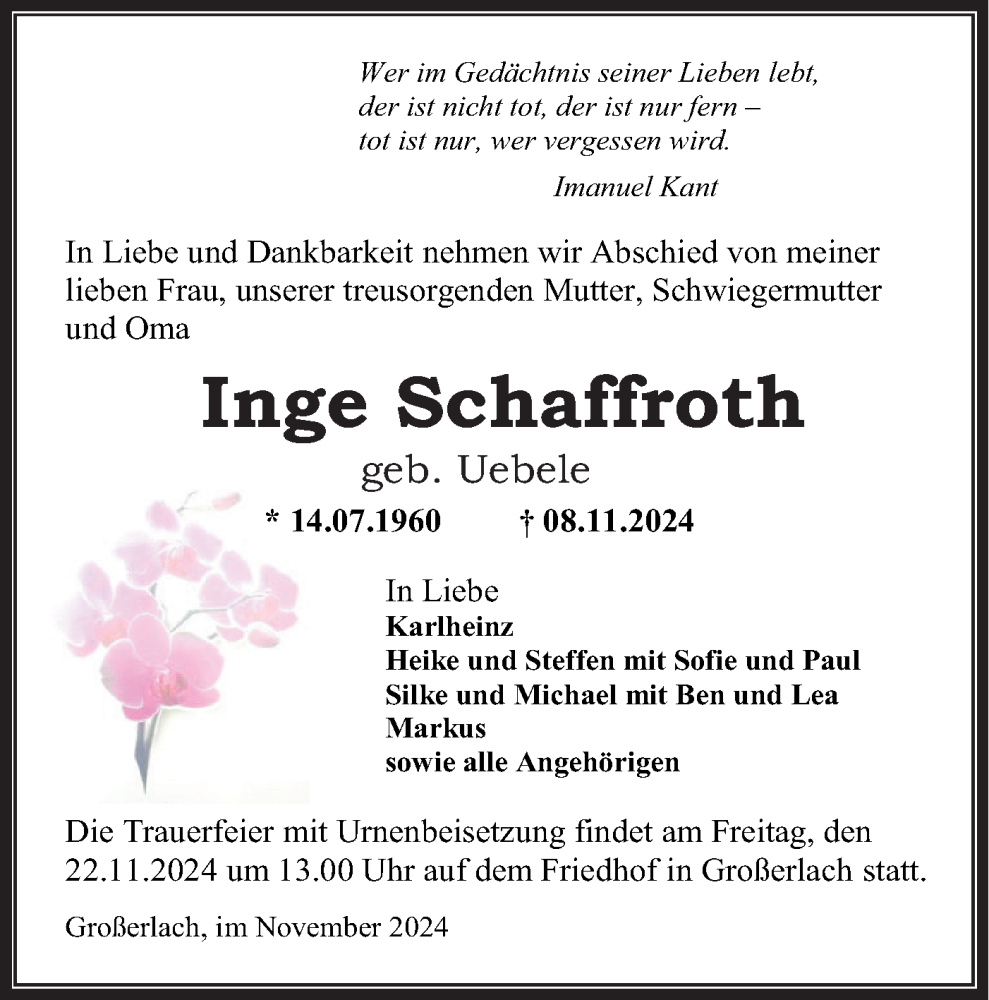  Traueranzeige für Inge Schaffroth vom 16.11.2024 aus Haller Tagblatt