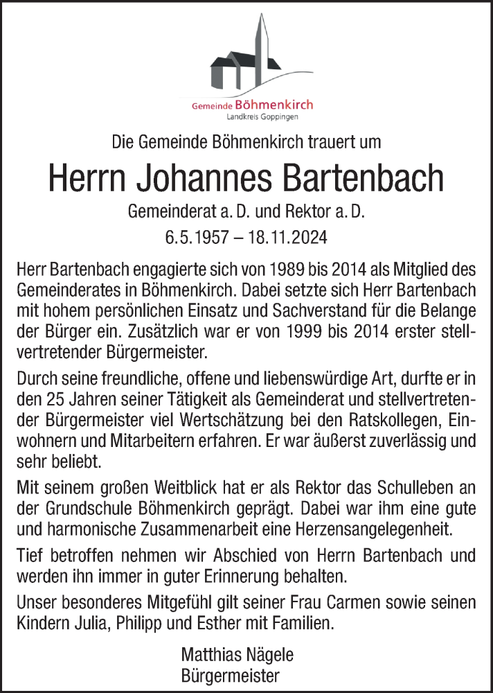 Traueranzeige für Johannes Bartenbach vom 26.11.2024 aus Geislinger Zeitung