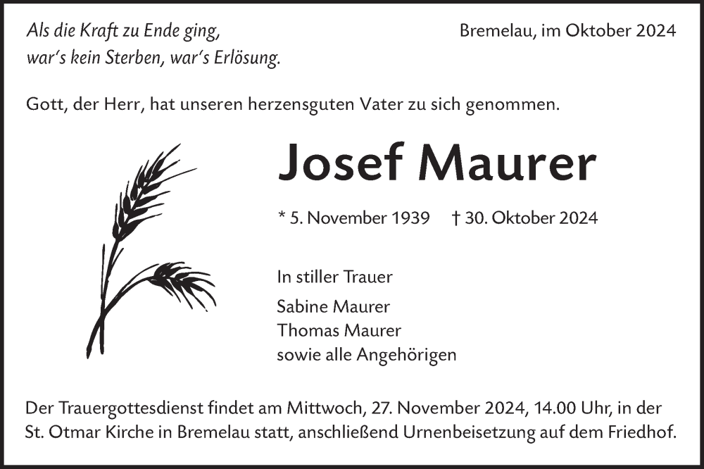  Traueranzeige für Josef Maurer vom 23.11.2024 aus Alb-Bote/Metzinger-Uracher Volksblatt