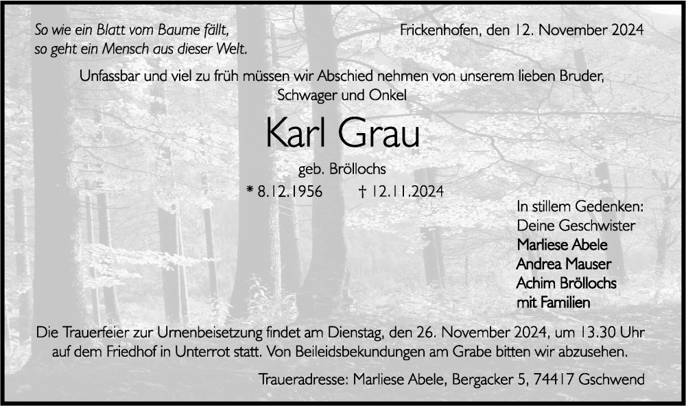  Traueranzeige für Karl Grau vom 22.11.2024 aus Rundschau Gaildorf