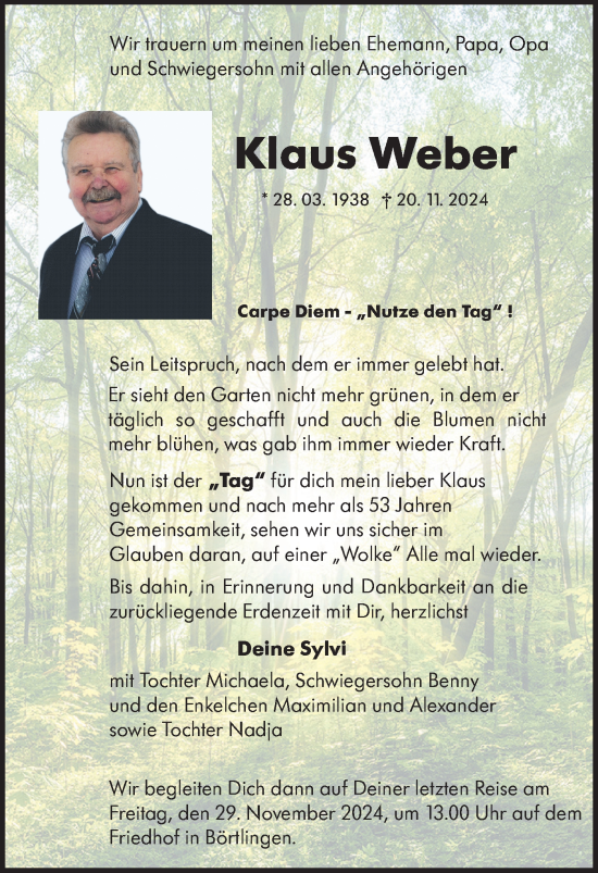 Traueranzeige von Klaus Weber von NWZ Neue Württembergische Zeitung