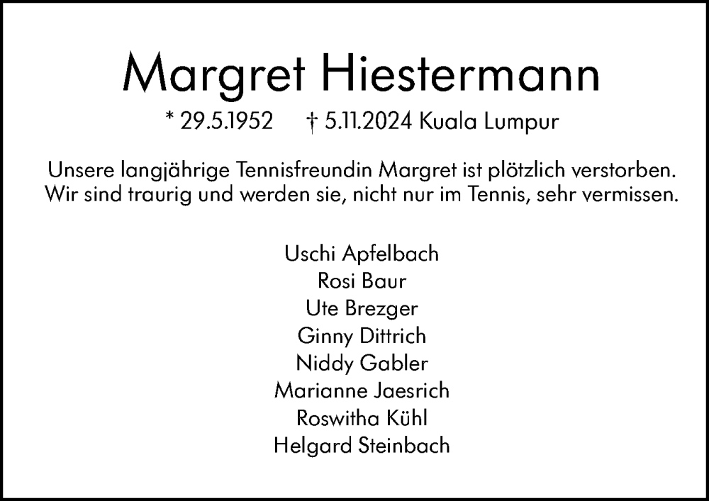  Traueranzeige für Margret Hiestermann vom 15.11.2024 aus Schwäbische Tagblatt