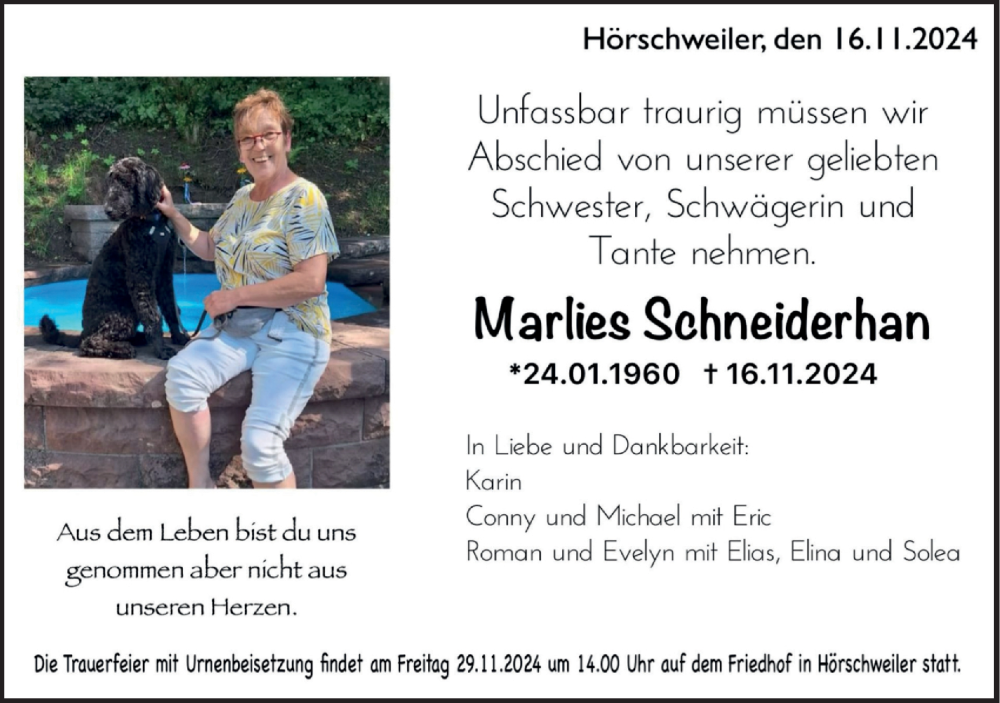  Traueranzeige für Marlies Schneiderhan vom 23.11.2024 aus Neckar-Chronik