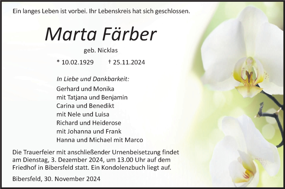  Traueranzeige für Marta Färber vom 30.11.2024 aus Haller Tagblatt