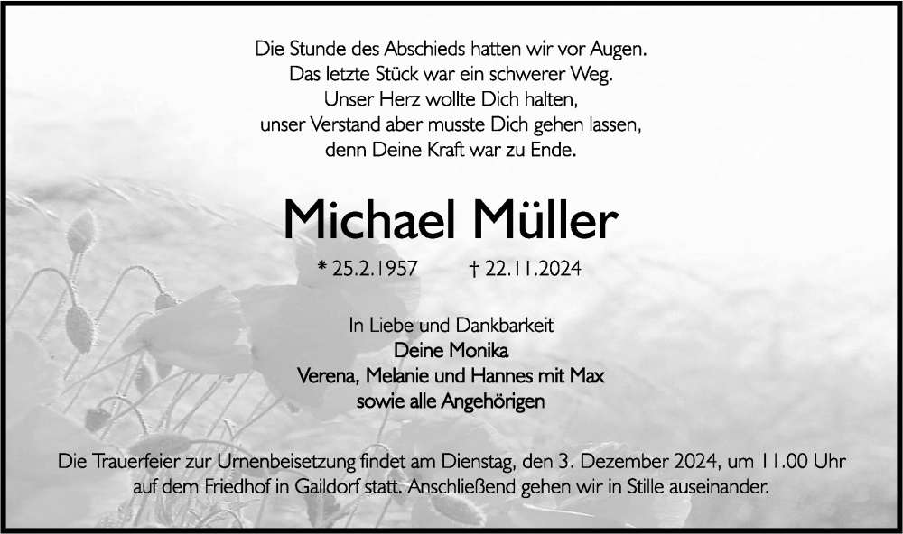  Traueranzeige für Michael Müller vom 30.11.2024 aus Rundschau Gaildorf