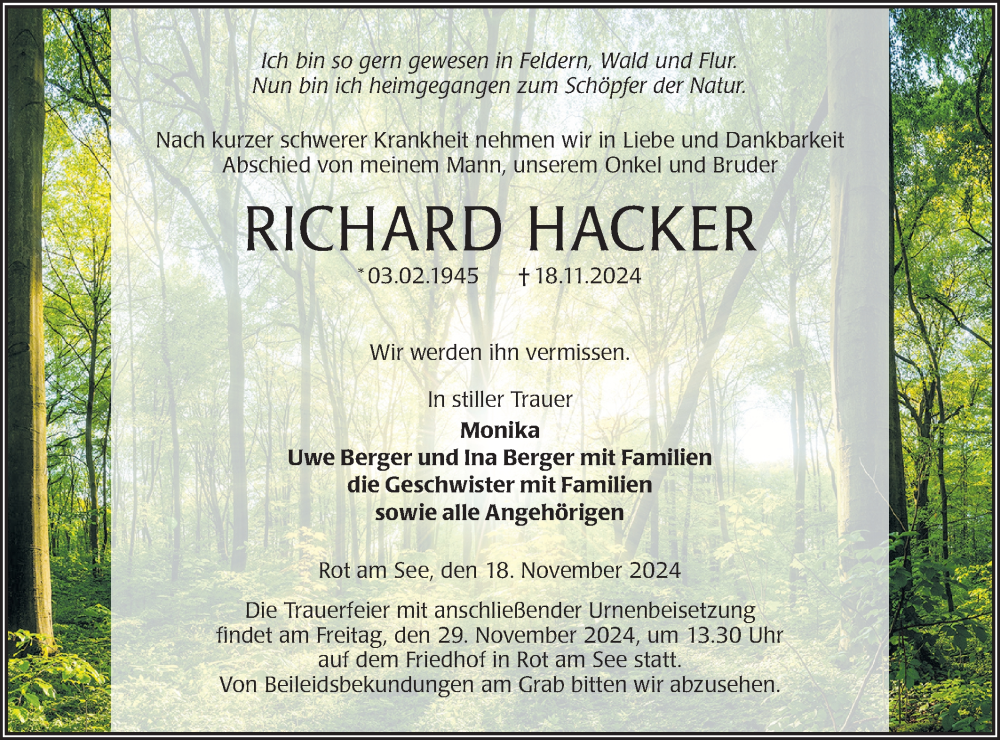 Traueranzeige für Richard Hacker vom 27.11.2024 aus Hohenloher Tagblatt