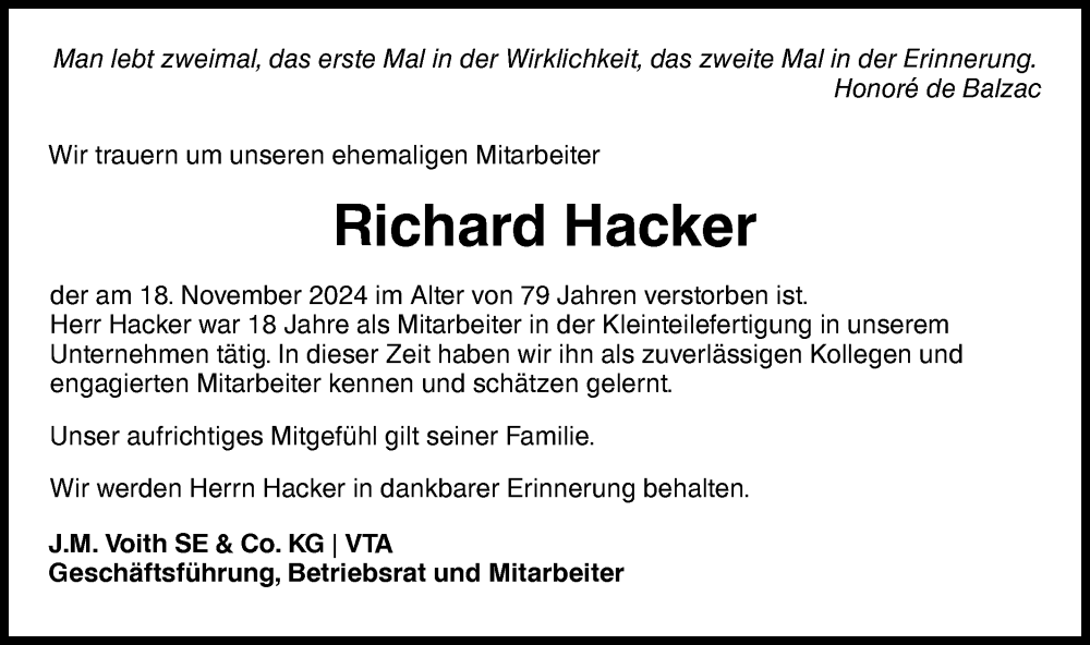  Traueranzeige für Richard Hacker vom 29.11.2024 aus Hohenloher Tagblatt