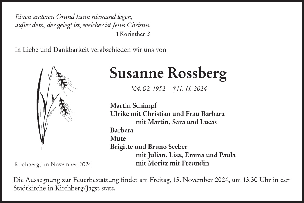  Traueranzeige für Susanne Rossberg vom 13.11.2024 aus Hohenloher Tagblatt