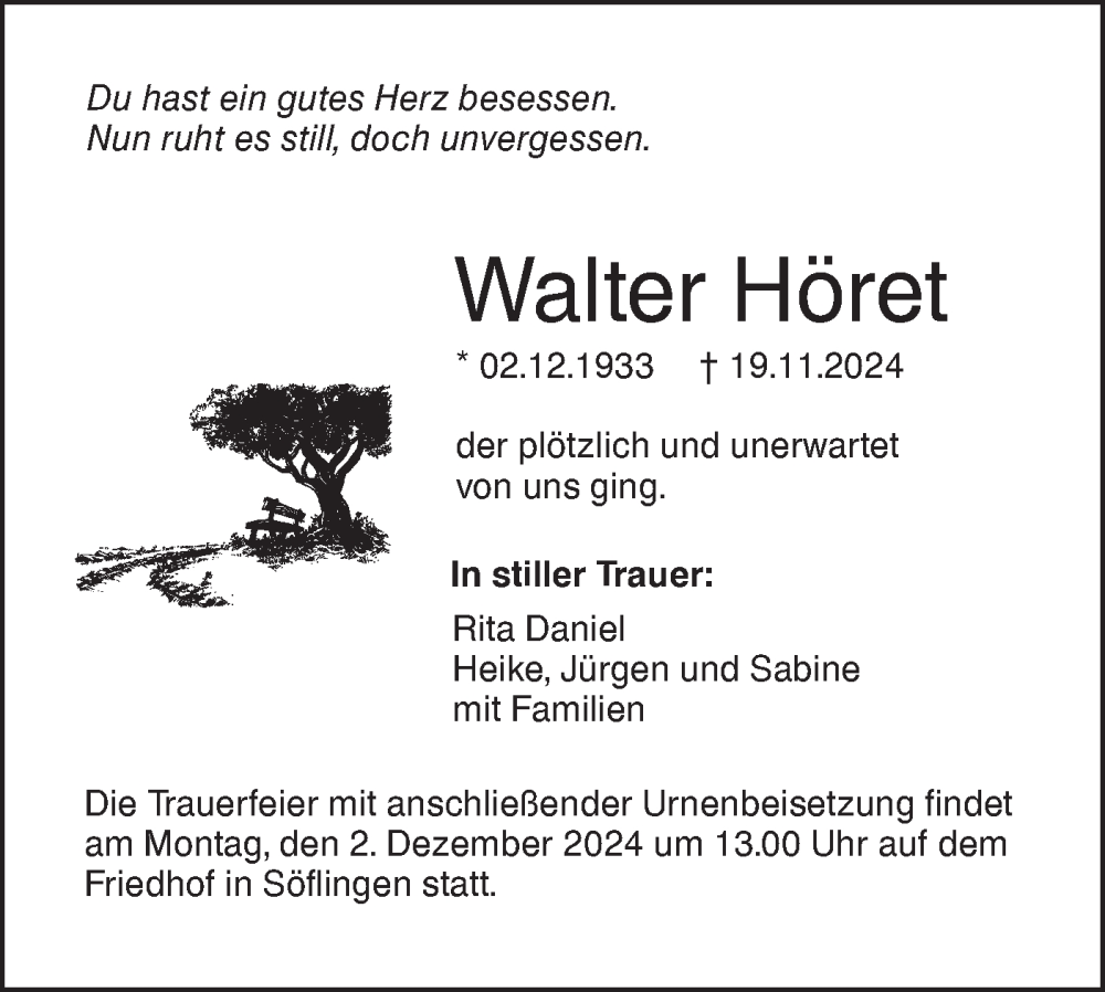  Traueranzeige für Walter Höret vom 23.11.2024 aus SÜDWEST PRESSE Ausgabe Ulm/Neu-Ulm