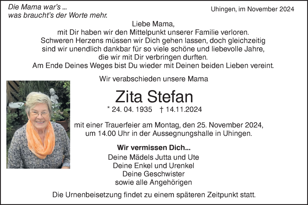  Traueranzeige für Zita Stefan vom 21.11.2024 aus NWZ Neue Württembergische Zeitung