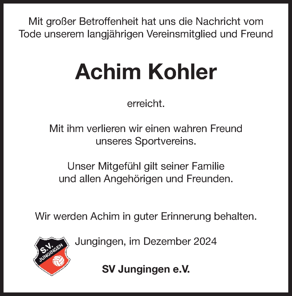  Traueranzeige für Achim Kohler vom 14.12.2024 aus SÜDWEST PRESSE Zollernalbkreis/Hohenzollerische Zeitung