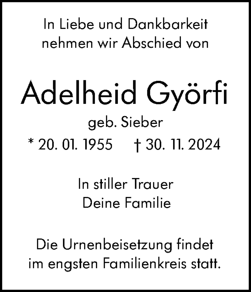  Traueranzeige für Adelheid Györfi vom 14.12.2024 aus SÜDWEST PRESSE Ausgabe Ulm/Neu-Ulm