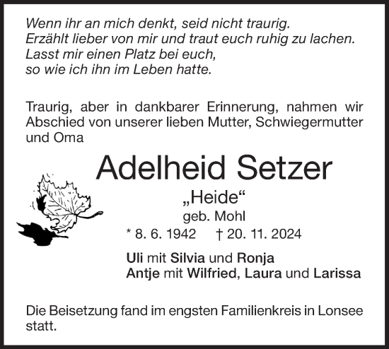 Traueranzeige von Adelheid Setzer von Geislinger Zeitung