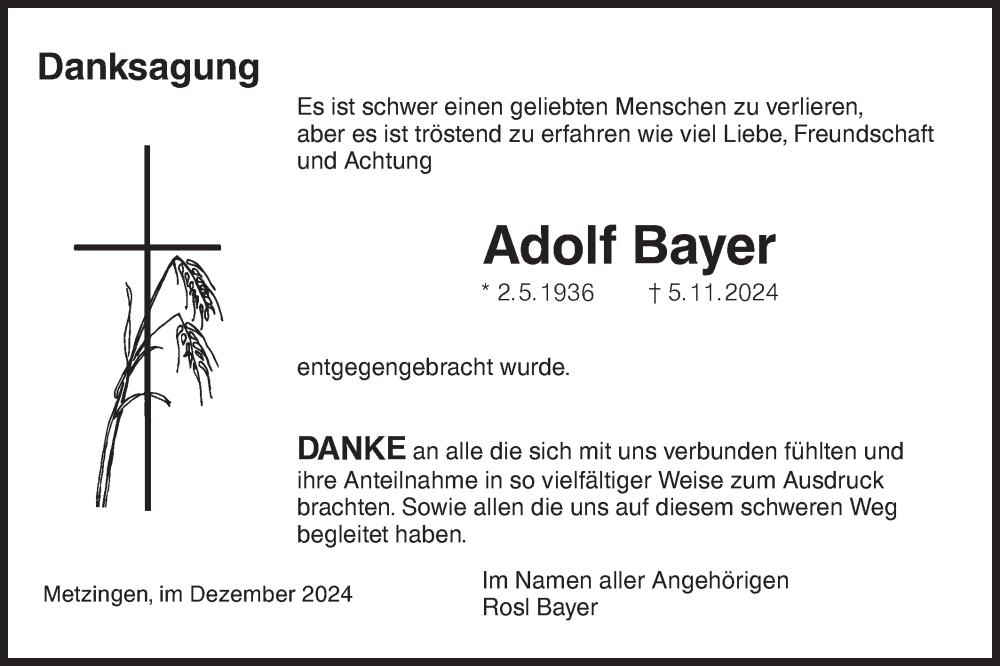  Traueranzeige für Adolf Bayer vom 14.12.2024 aus Alb-Bote/Metzinger-Uracher Volksblatt