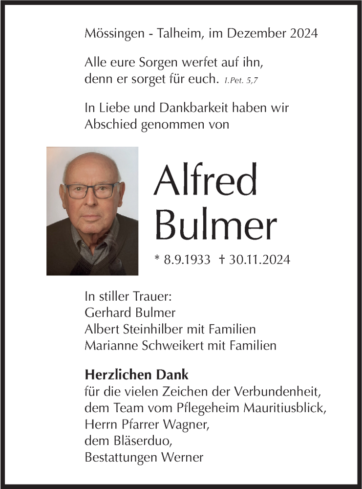  Traueranzeige für Alfred Bulmer vom 21.12.2024 aus Schwäbische Tagblatt