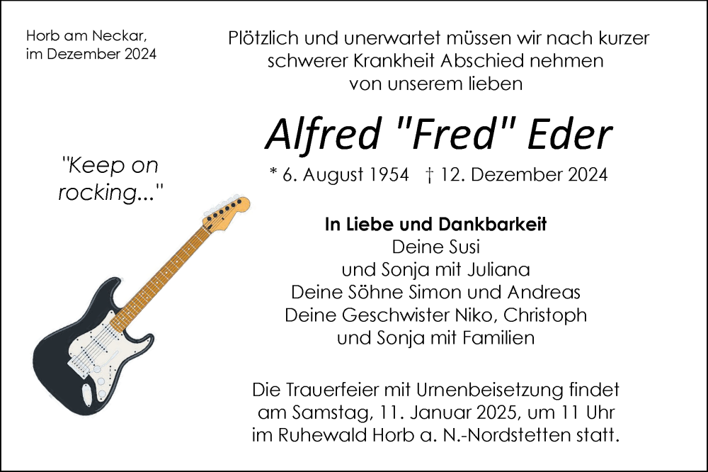  Traueranzeige für Alfred Eder vom 21.12.2024 aus Neckar-Chronik