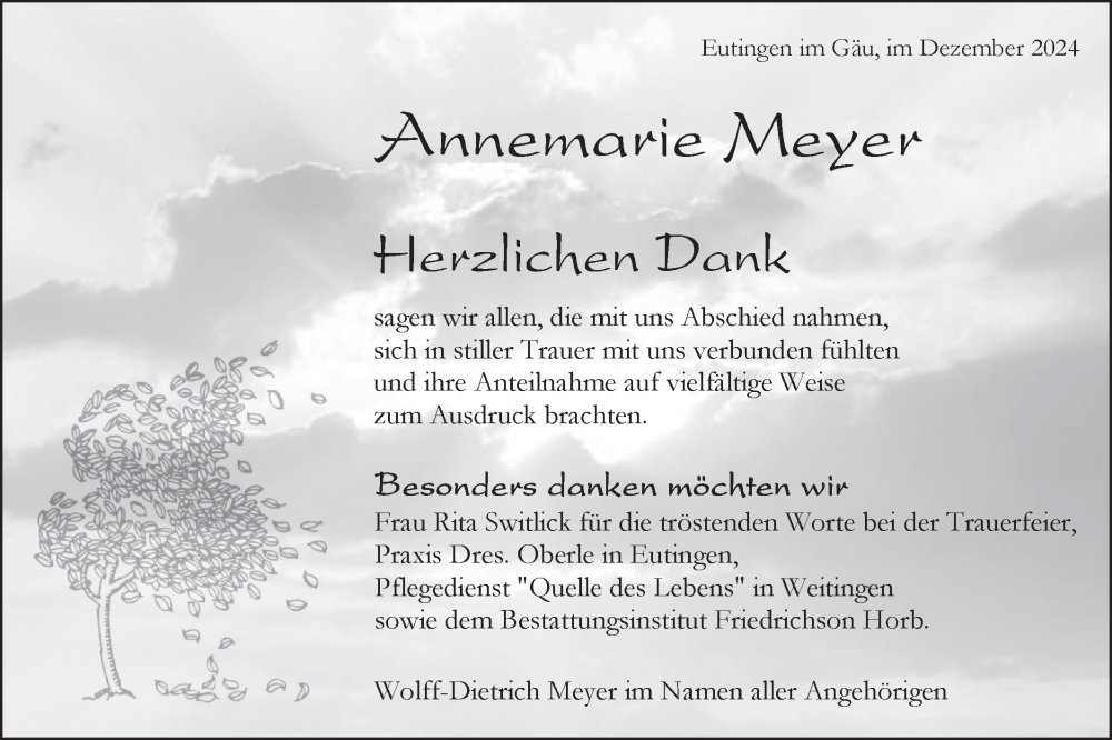  Traueranzeige für Annemarie Meyer vom 21.12.2024 aus Neckar-Chronik