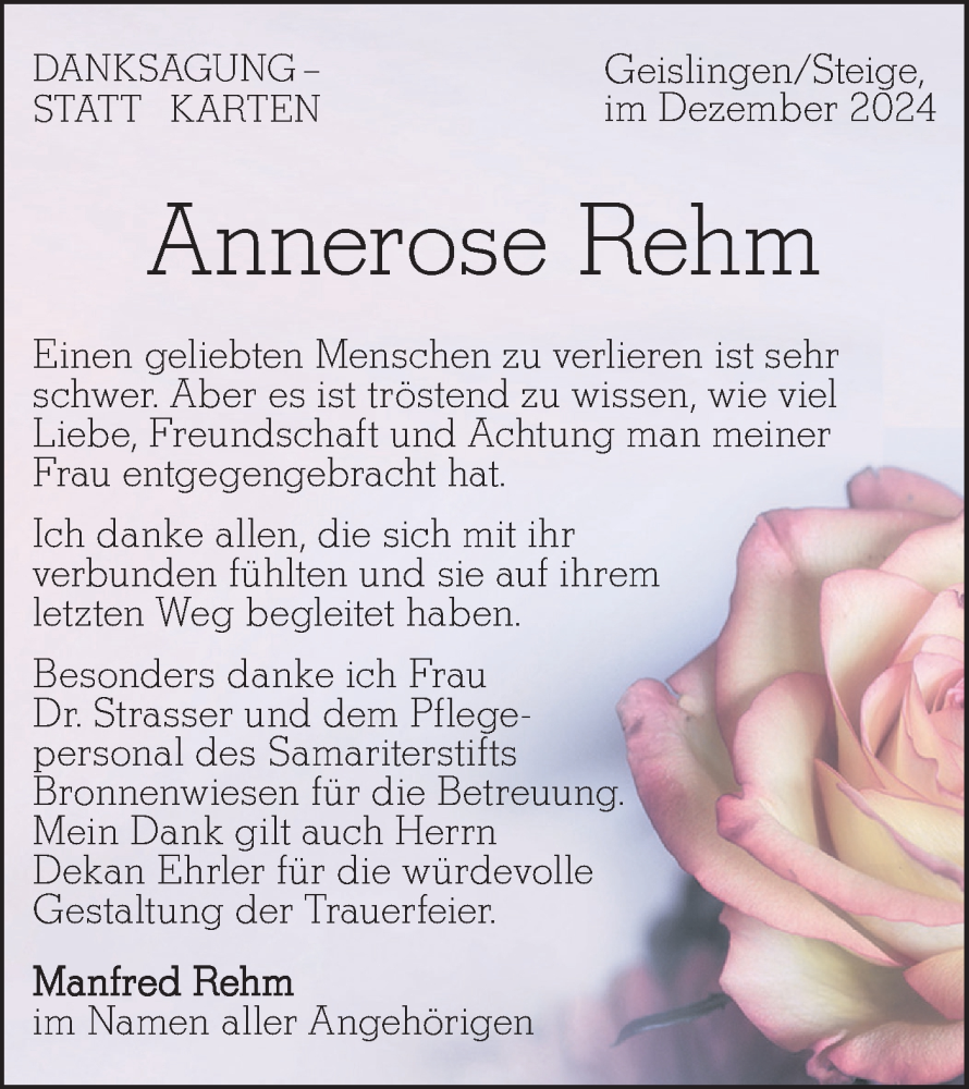  Traueranzeige für Annerose Rehm vom 28.12.2024 aus Geislinger Zeitung