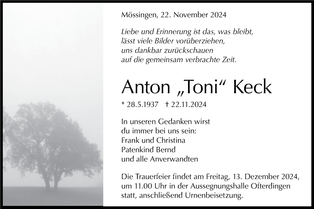 Traueranzeige für Anton Keck vom 10.12.2024 aus Schwäbische Tagblatt