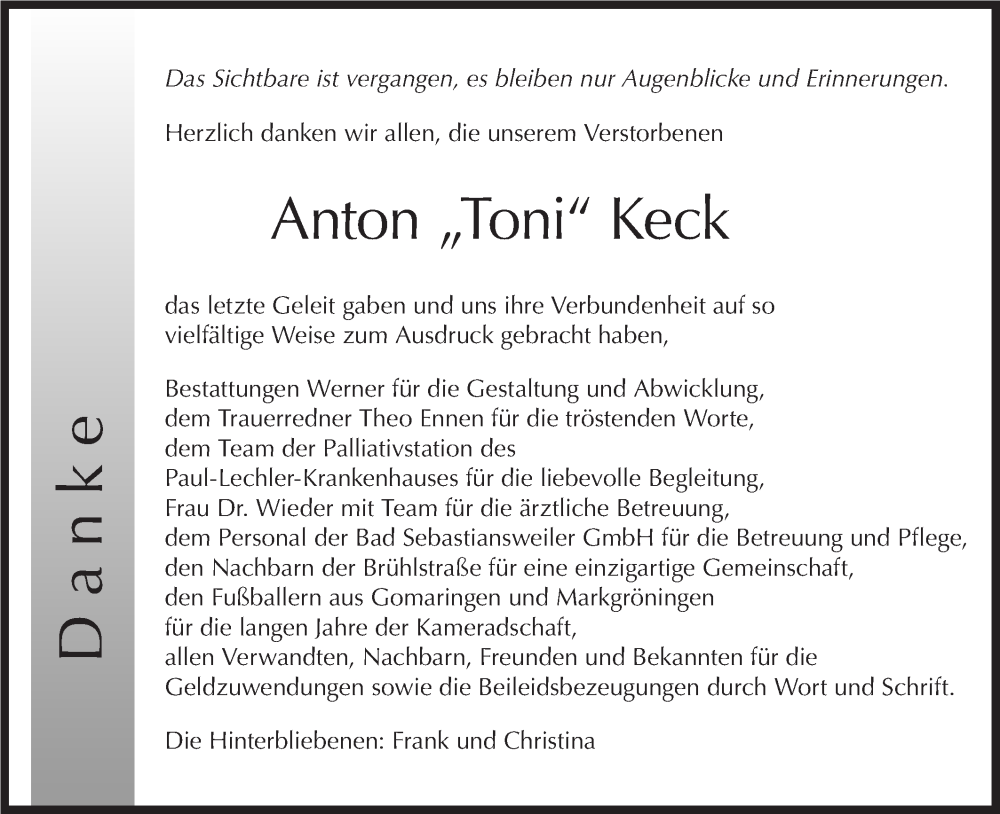  Traueranzeige für Anton Keck vom 20.12.2024 aus Schwäbische Tagblatt