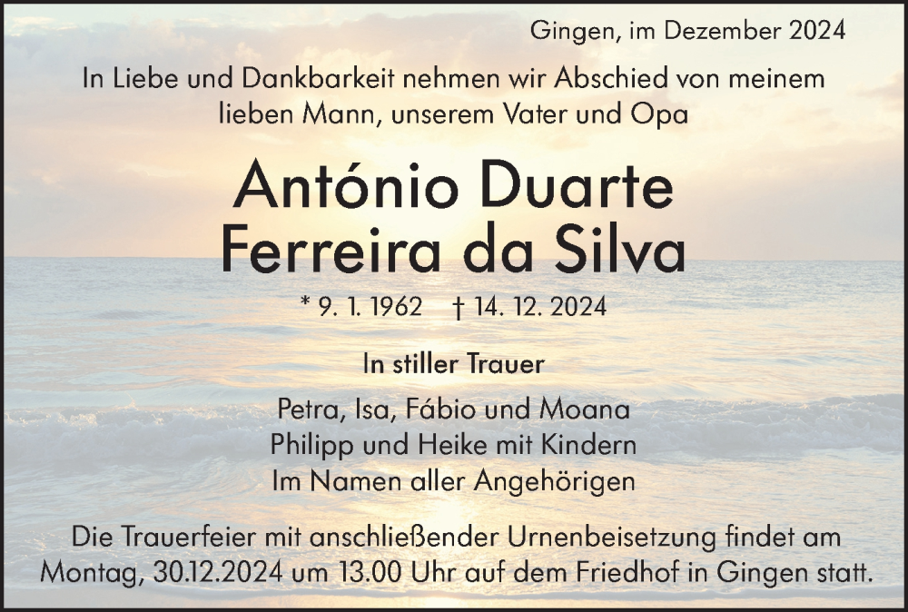  Traueranzeige für Antonio Duarte Ferreira da Silva vom 23.12.2024 aus NWZ Neue Württembergische Zeitung/Geislinger Zeitung