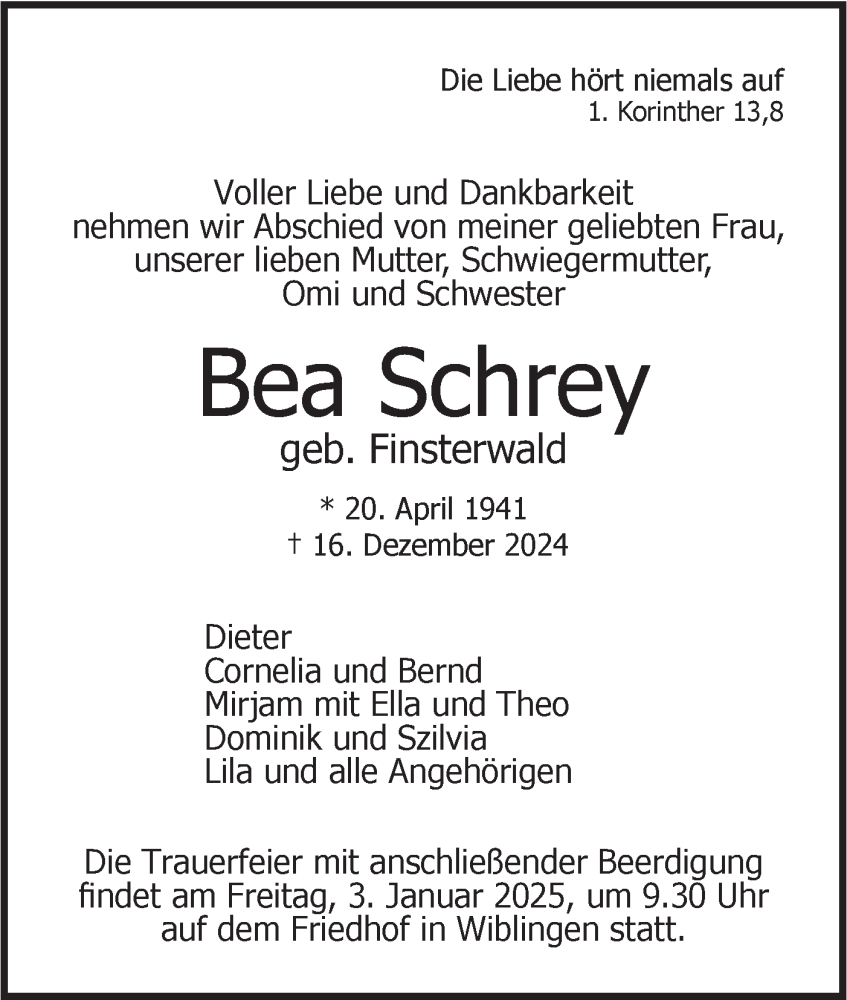  Traueranzeige für Bea Schrey vom 21.12.2024 aus SÜDWEST PRESSE Ausgabe Ulm/Neu-Ulm