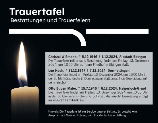 Traueranzeige von Bestattungen vom 12.12.2024 von SÜDWEST PRESSE Zollernalbkreis/Hohenzollerische Zeitung