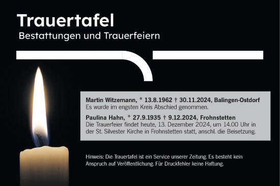 Traueranzeige von Bestattungen vom 13.12.2024 von SÜDWEST PRESSE Zollernalbkreis/Hohenzollerische Zeitung