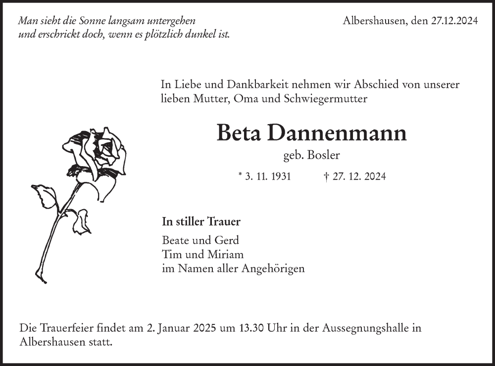  Traueranzeige für Beta Dannenmann vom 28.12.2024 aus NWZ Neue Württembergische Zeitung