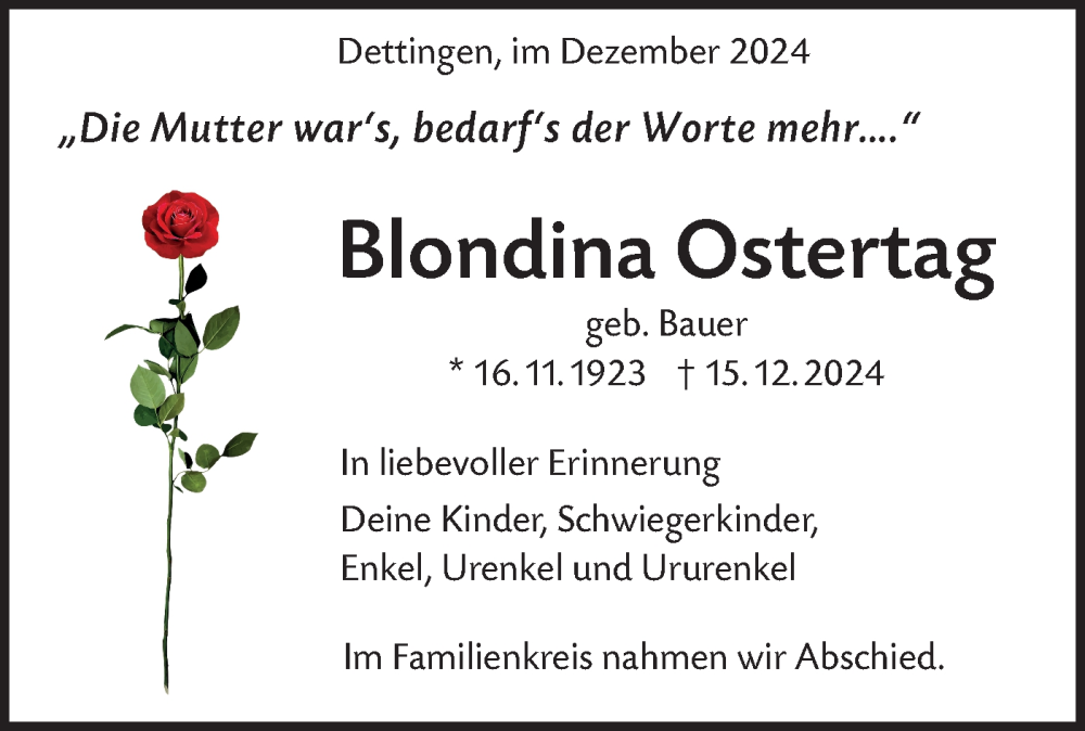  Traueranzeige für Blondina Ostertag vom 23.12.2024 aus Alb-Bote/Metzinger-Uracher Volksblatt