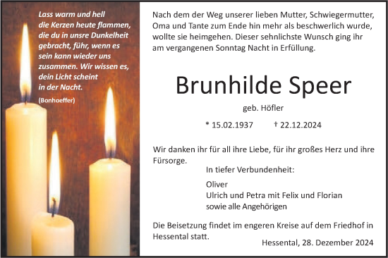 Traueranzeige von Brunhilde Speer von Haller Tagblatt