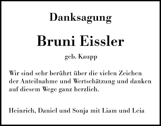 Traueranzeige von Bruni Eissler von Schwäbische Tagblatt