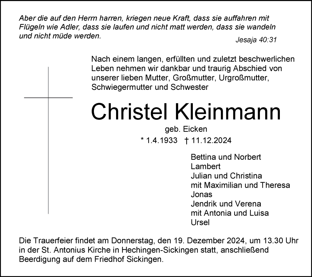  Traueranzeige für Christel Kleinmann vom 14.12.2024 aus SÜDWEST PRESSE Zollernalbkreis/Hohenzollerische Zeitung