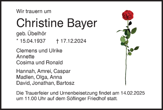 Traueranzeige von Christine Bayer von SÜDWEST PRESSE Ausgabe Ulm/Neu-Ulm