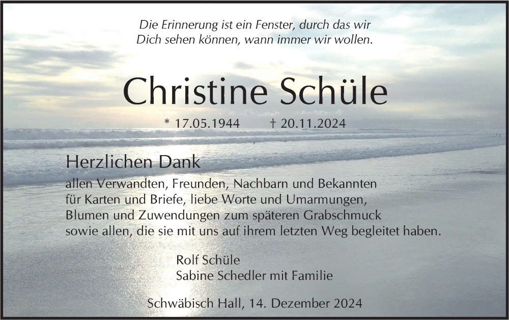  Traueranzeige für Christine Schüle vom 14.12.2024 aus Haller Tagblatt