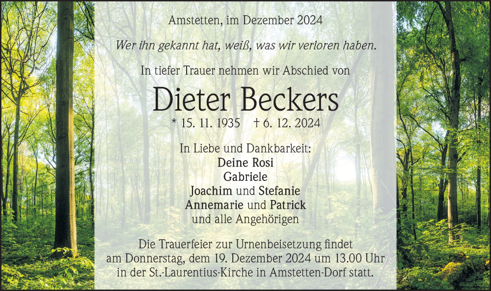 Traueranzeige für Dieter Beckers vom 14.12.2024 aus Geislinger Zeitung