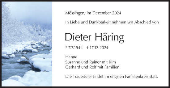 Traueranzeige von Dieter Häring von Schwäbische Tagblatt
