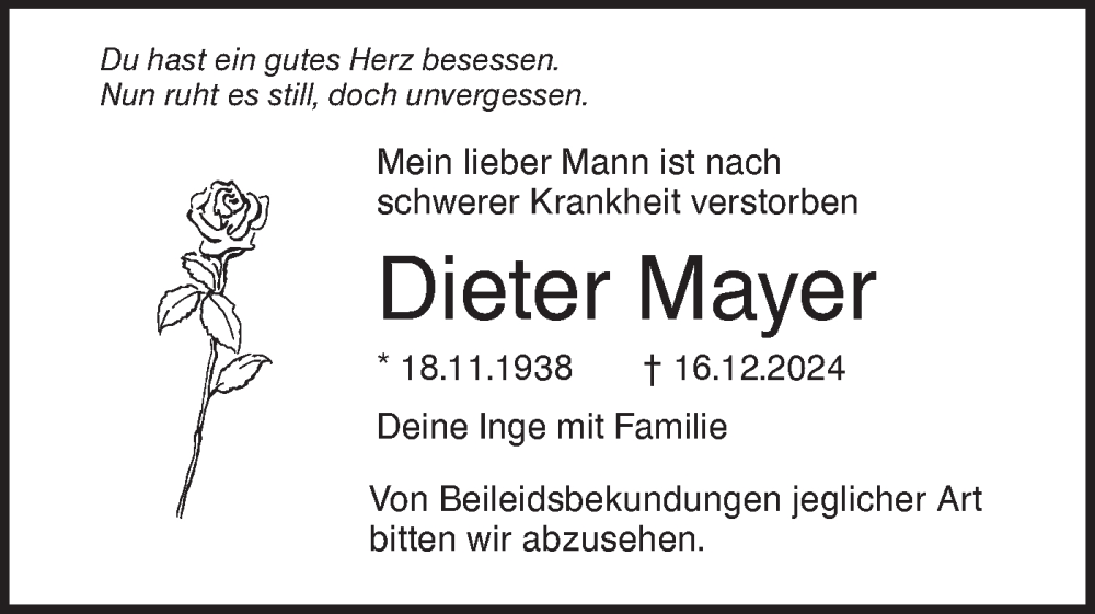  Traueranzeige für Dieter Mayer vom 31.12.2024 aus SÜDWEST PRESSE Ausgabe Ulm/Neu-Ulm