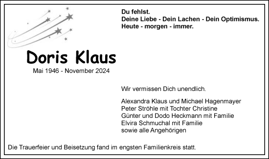 Traueranzeige von Doris Klaus von Geislinger Zeitung