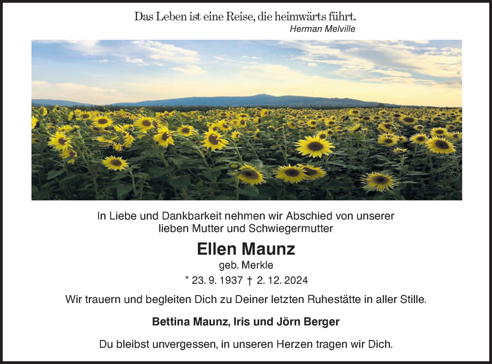  Traueranzeige für Ellen Maunz vom 20.12.2024 aus NWZ Neue Württembergische Zeitung