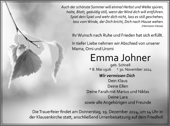 Traueranzeige von Emma Johner von Schwäbische Tagblatt