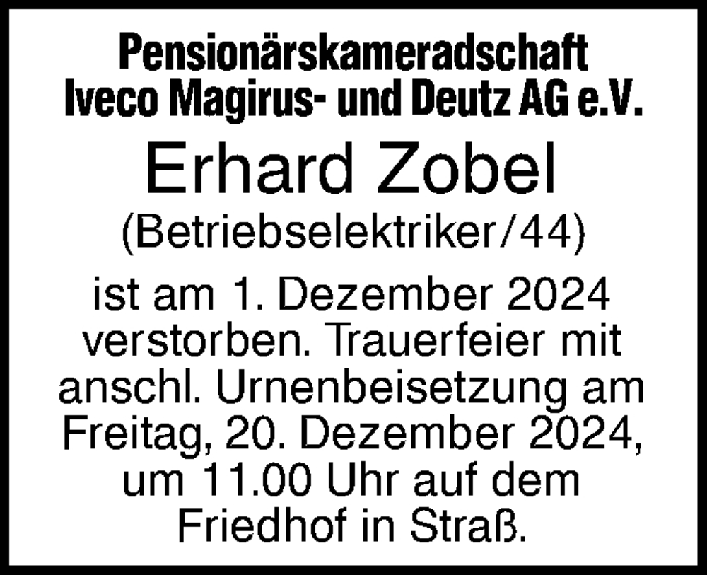  Traueranzeige für Erhard Zobel vom 17.12.2024 aus SÜDWEST PRESSE Ausgabe Ulm/Neu-Ulm