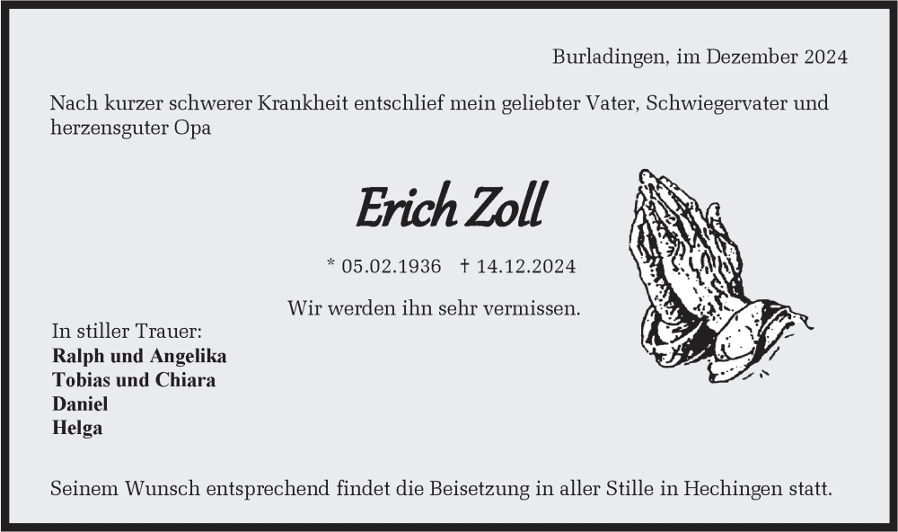  Traueranzeige für Erich Zoll vom 21.12.2024 aus SÜDWEST PRESSE Zollernalbkreis/Hohenzollerische Zeitung