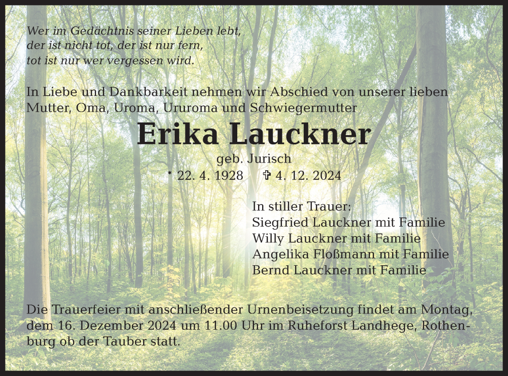  Traueranzeige für Erika Lauckner vom 14.12.2024 aus Hohenloher Tagblatt