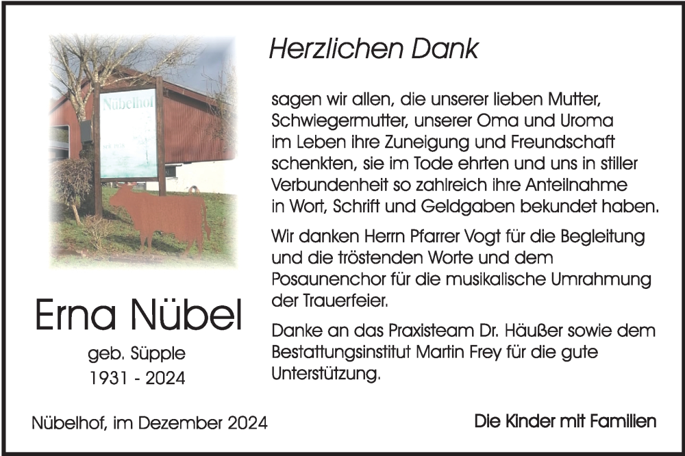  Traueranzeige für Erna Nübel vom 21.12.2024 aus Rundschau Gaildorf
