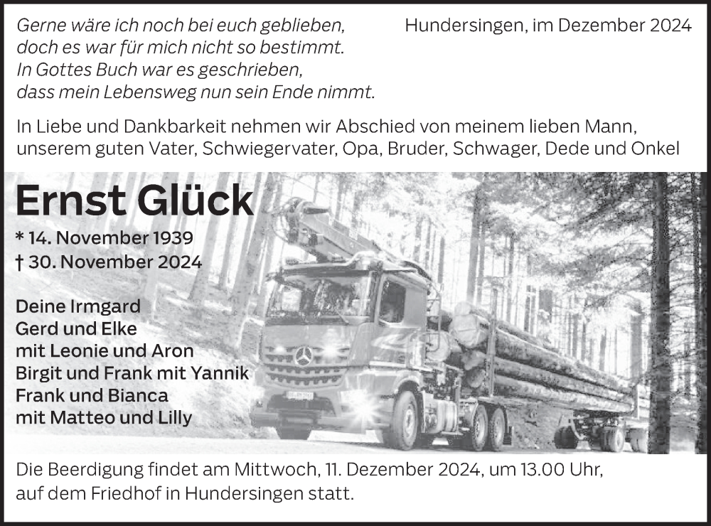  Traueranzeige für Ernst Glück vom 07.12.2024 aus Alb-Bote/Metzinger-Uracher Volksblatt