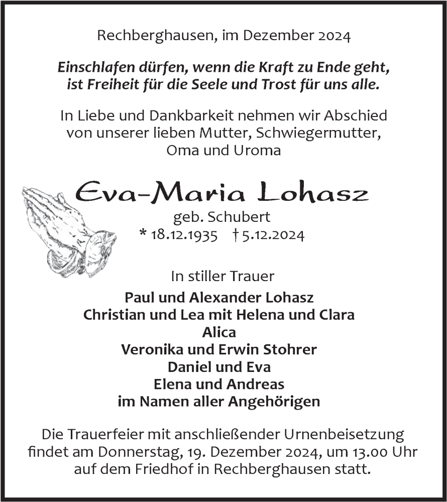  Traueranzeige für Eva-Maria Lohasz vom 14.12.2024 aus NWZ Neue Württembergische Zeitung
